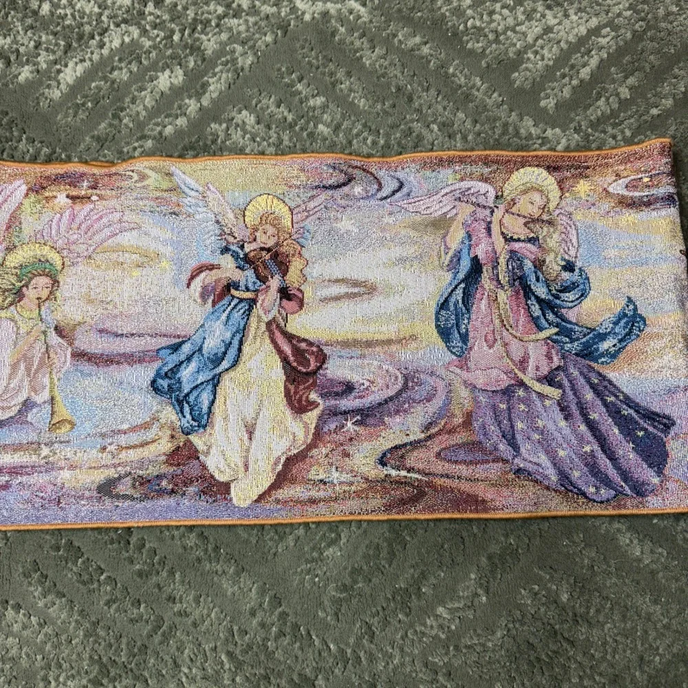 Lena Liu Angels Woven Tapestry Table Runner Tassels Glitter Whimsigoth Vintage